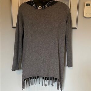 Elegant Gray Women's Sweater with Fringe Hem  medium 21”pit to pit